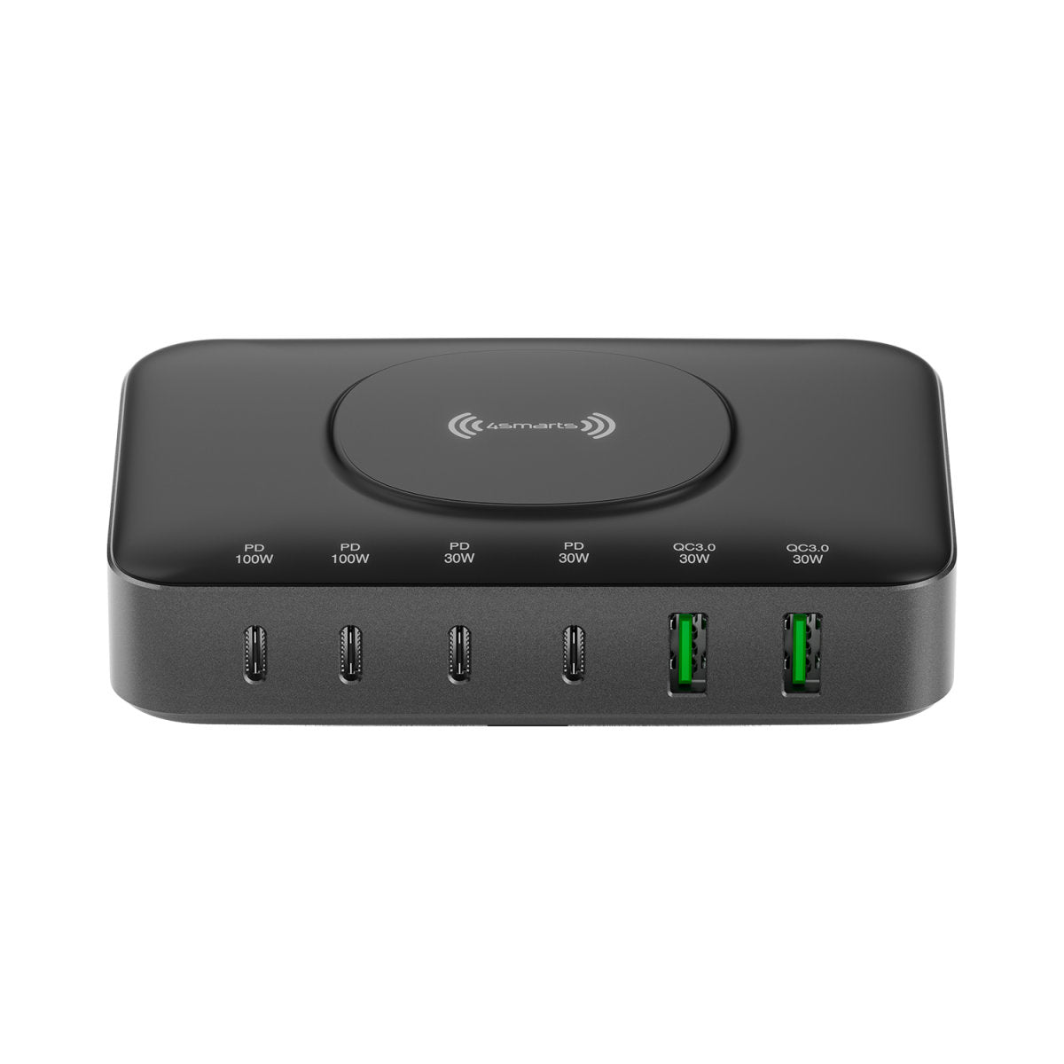 4smarts 7in1 Ladestation – 2× USB-C 30 W, 6× USB-Ausgänge, Qi, GaN – für Qi-kompatible Geräte
