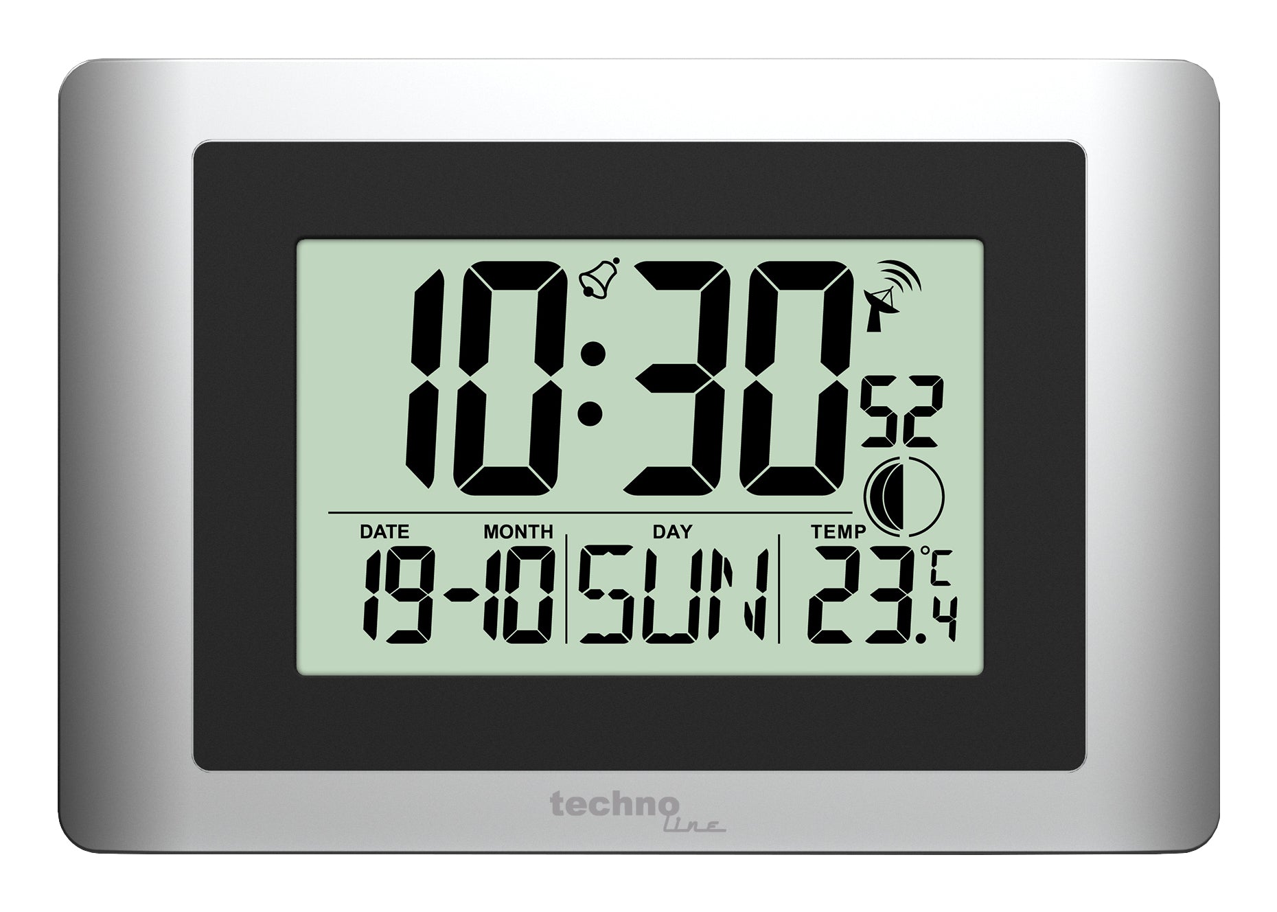Technoline Wanduhr – Digital, Funk, Thermometer, 15 × 22 × 5,6 cm, Silber