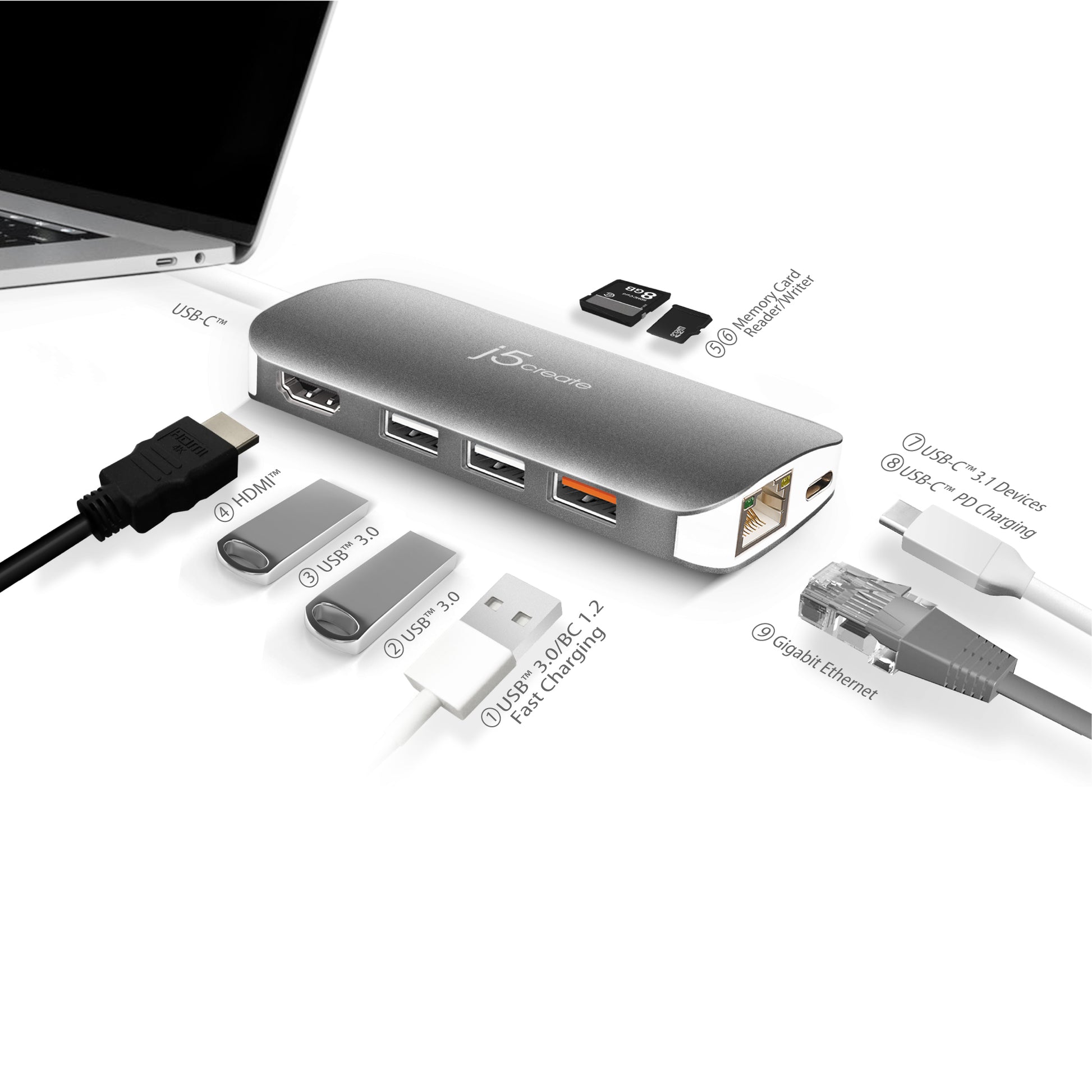 j5create JCD383-N Multiport-Adapter – USB-C, 1× HDMI, 3× USB-A, GbE, SD/microSD, für Windows/Mac