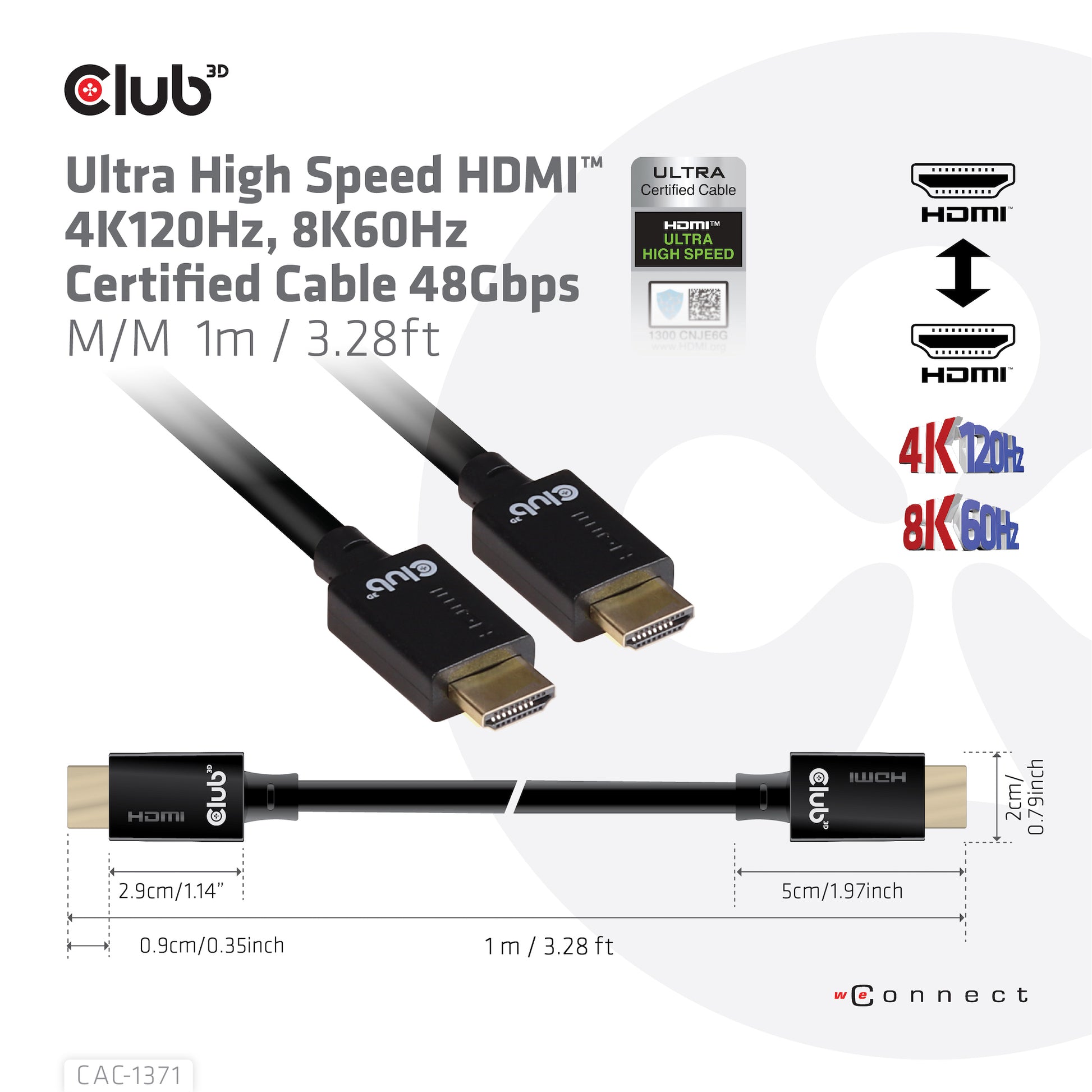 CLUB3D Club 3D HDMI Kabel HDMI 2.1 8K 60 Hz – 1 m – ARC, Ethernet
