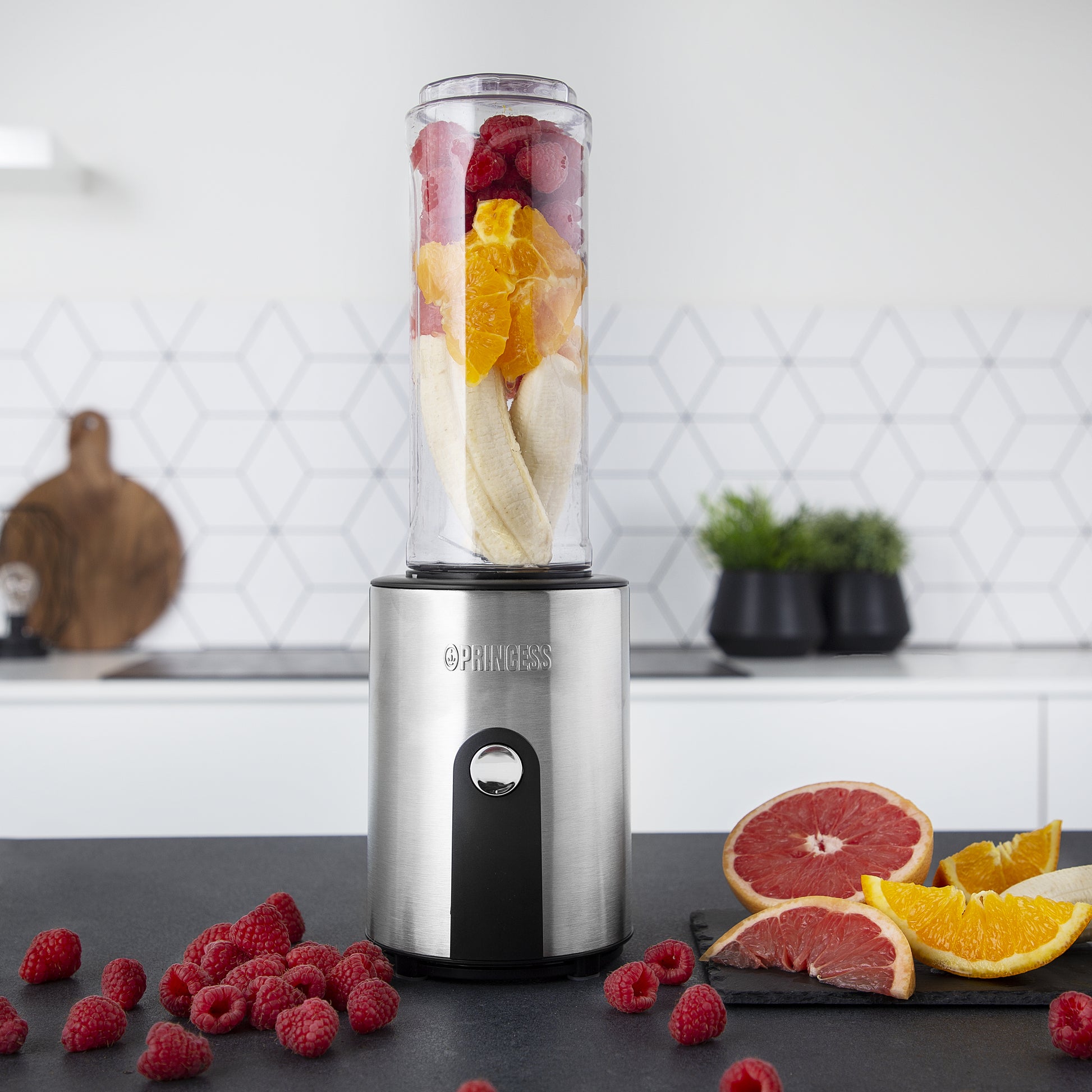 Princess Smoothie-Mixer 217401011 – 0,6 l, 300 W, spülmaschinenfest – schwarz/edelstahl/transparent