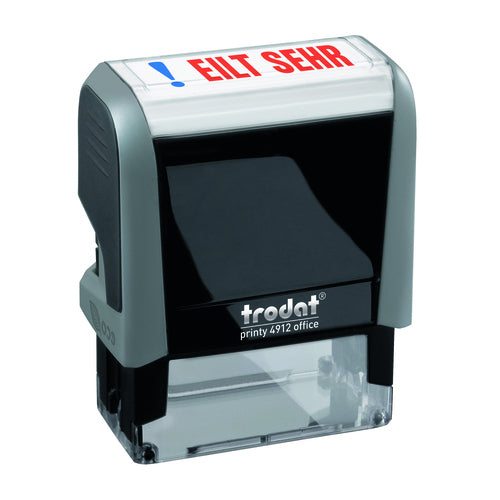 Trodat Printy 4912 – Selbstfärbender Wortstempel, Text "Eilt sehr" – Abdruck 17 × 46 mm – blau/rot