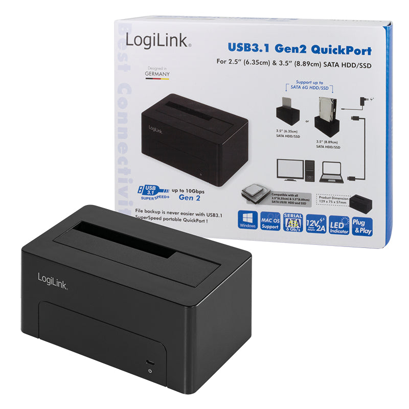 LogiLink QP0027 Festplatten-Dock SATA zu USB-C – 2,5"/3,5", 1 Laufwerk, 10 Gbit/s – für Windows/Mac/Linux