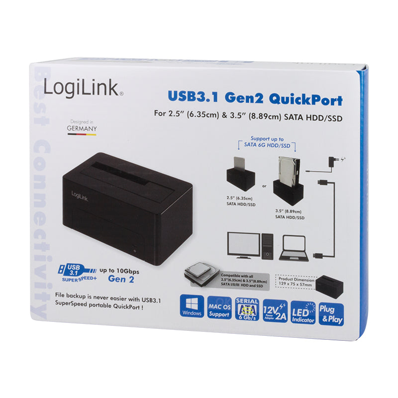 LogiLink QP0027 Festplatten-Dock SATA zu USB-C – 2,5"/3,5", 1 Laufwerk, 10 Gbit/s – für Windows/Mac/Linux
