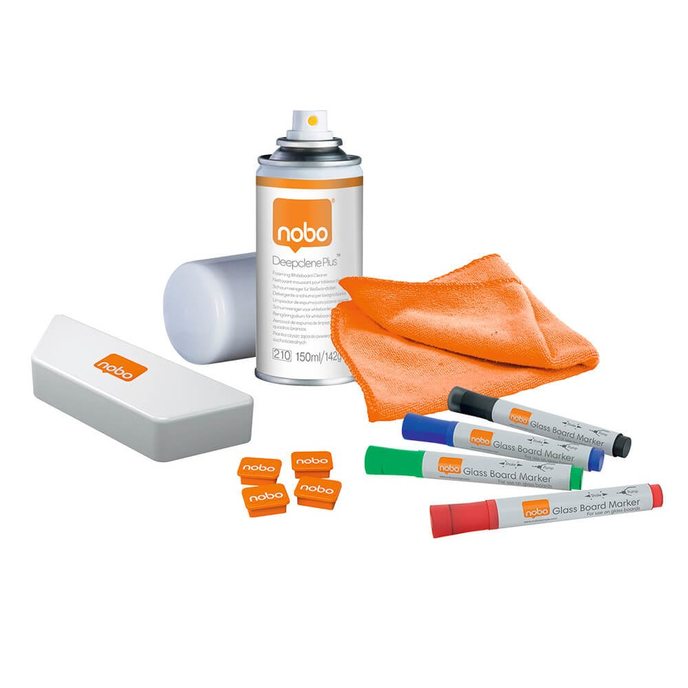 Nobo Starter-Kit, inkl. Marker, Wischer, Magnete – für Glas-Magnettafeln – 11-teilig