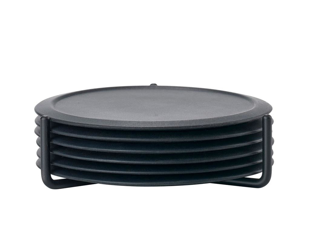 Zone Denmark Glasuntersetzer – 6er Set, Ø 10 cm, H 3,1 cm, Silikon/Metall, Schwarz, mit Halter, für Gläser