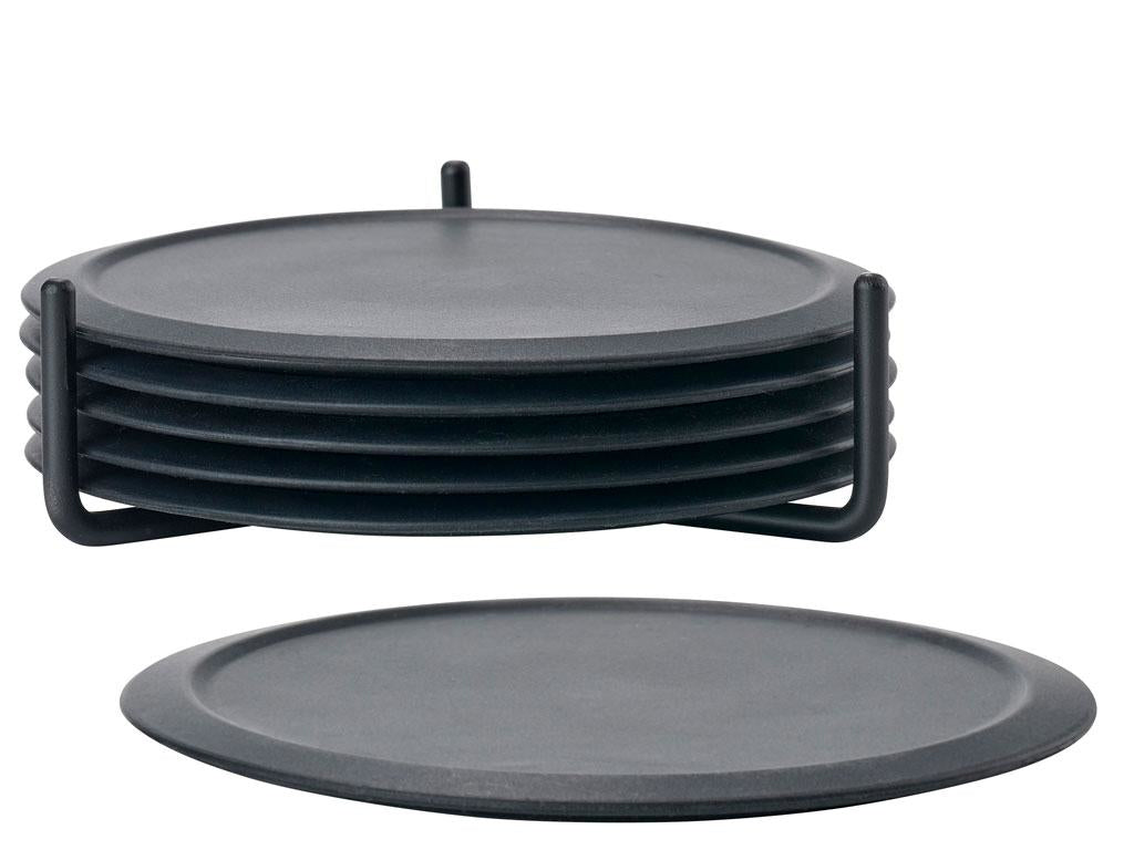 Zone Denmark Glasuntersetzer – 6er Set, Ø 10 cm, H 3,1 cm, Silikon/Metall, Schwarz, mit Halter, für Gläser