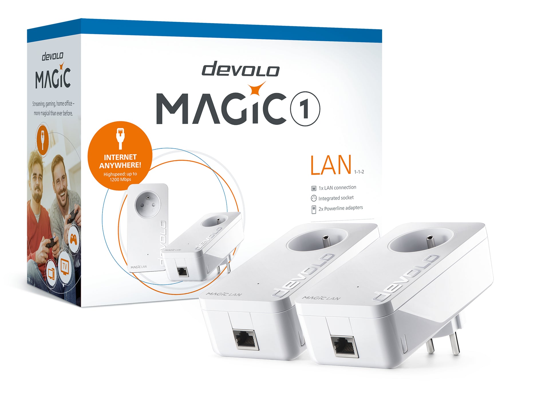 Devolo Magic 1 LAN – Powerline Adapter – 1200 Mbit/s, 1× RJ‑45 1G, 2er-Set, integrierte Steckdose, Weiss