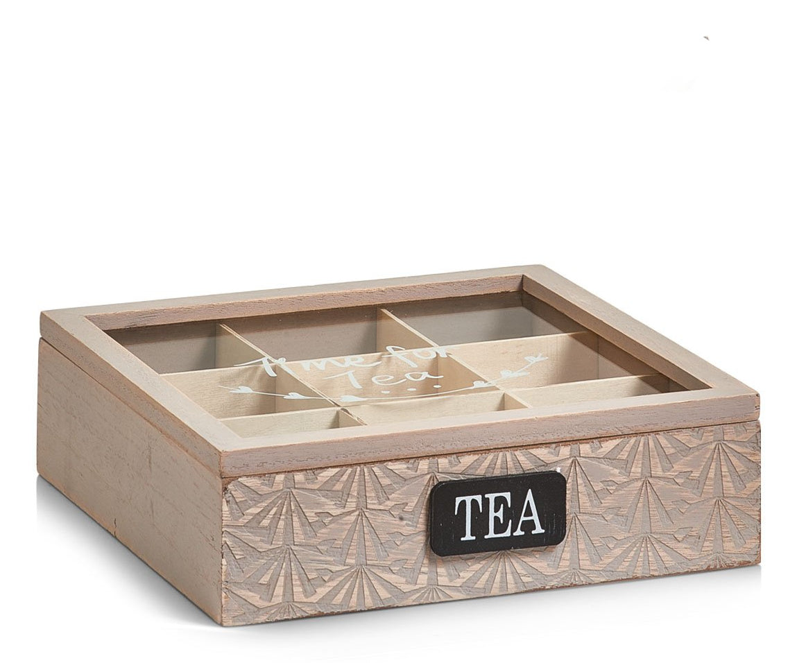 Zeller Present Teebeutelbox MDF/Paulownia-Holz/Glas, 9 Fächer, 24 × 24 × 8 cm, Braun