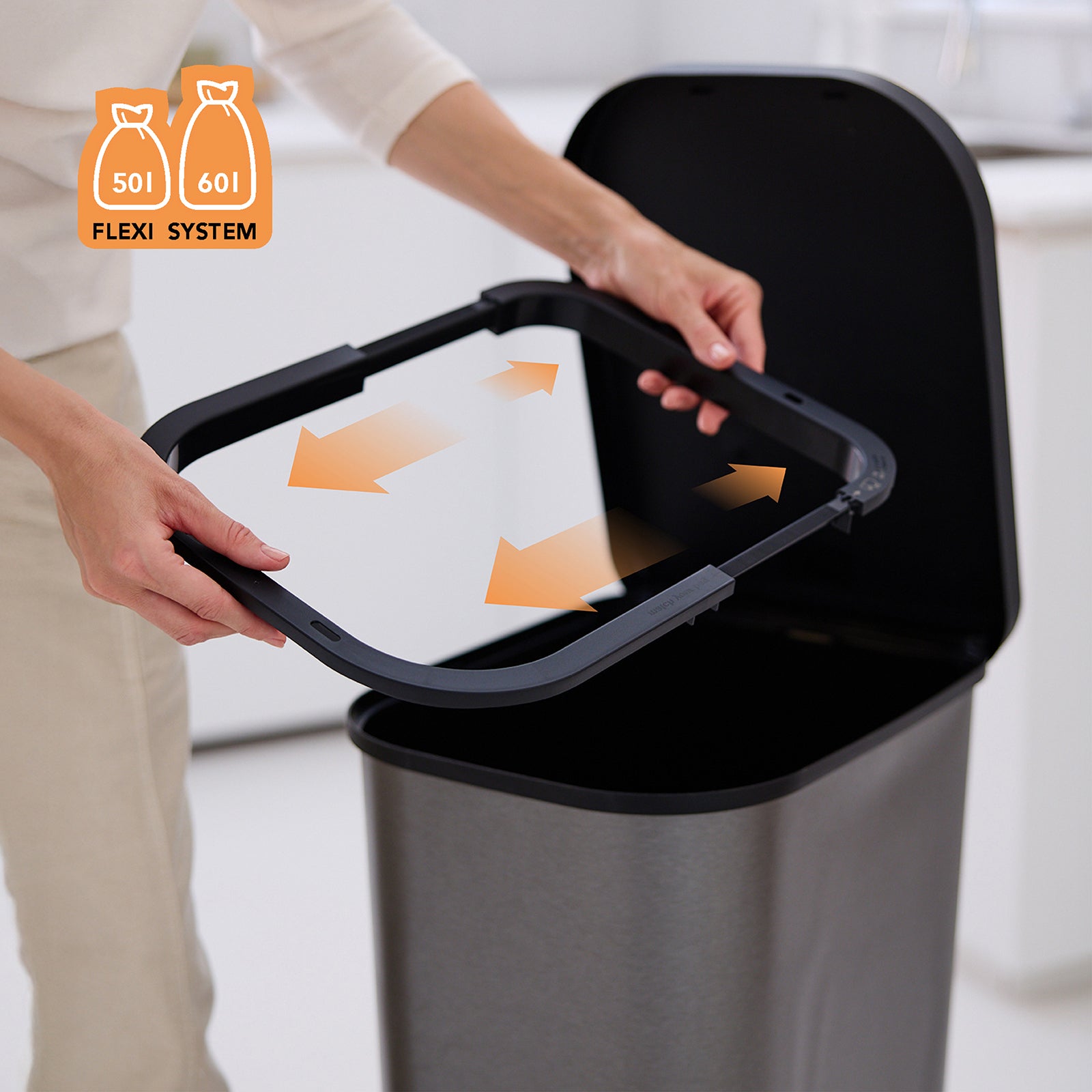Rotho Treteimer ORBE – 55 l – Recycling-Kunststoff, rechteckig – schwarz – Anti-Rutsch-Basis