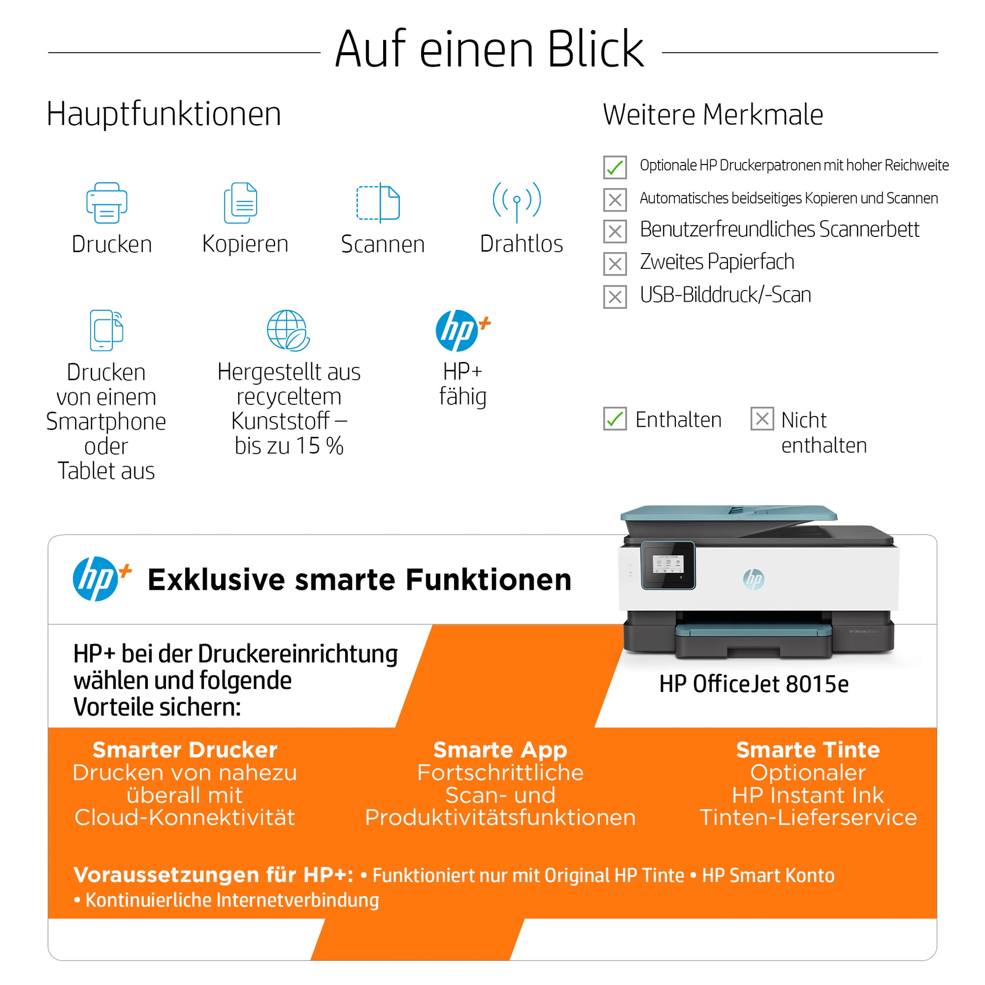 HP OfficeJet 8015e – Farbtintenstrahl-Multifunktionsdrucker, A4, 3-in-1, Duplex, ADF, WLAN, AirPrint, Mopria