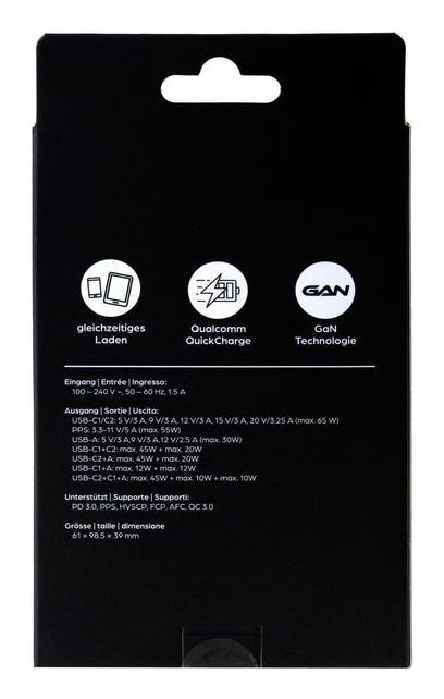 ONIT F02801 USB-Ladegerät 65 W – USB-C×2, USB-A×1 – PD 3.0, PPS, QC 3.0 – GaN, EU-Stecker (Typ C) – Schwarz