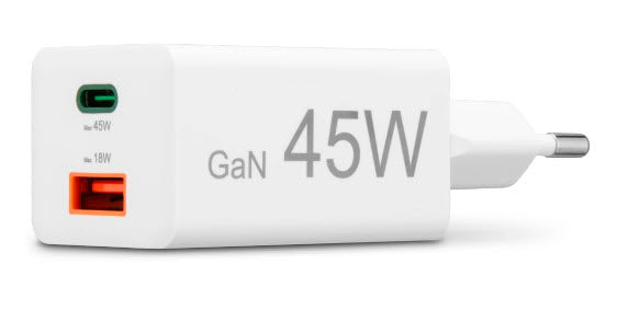 Hama 00201993 USB-Ladegerät 45 W – USB-C×1, USB-A×1 – PD, QC 3.0 – GaN, EU-Stecker (Typ C), Weiss