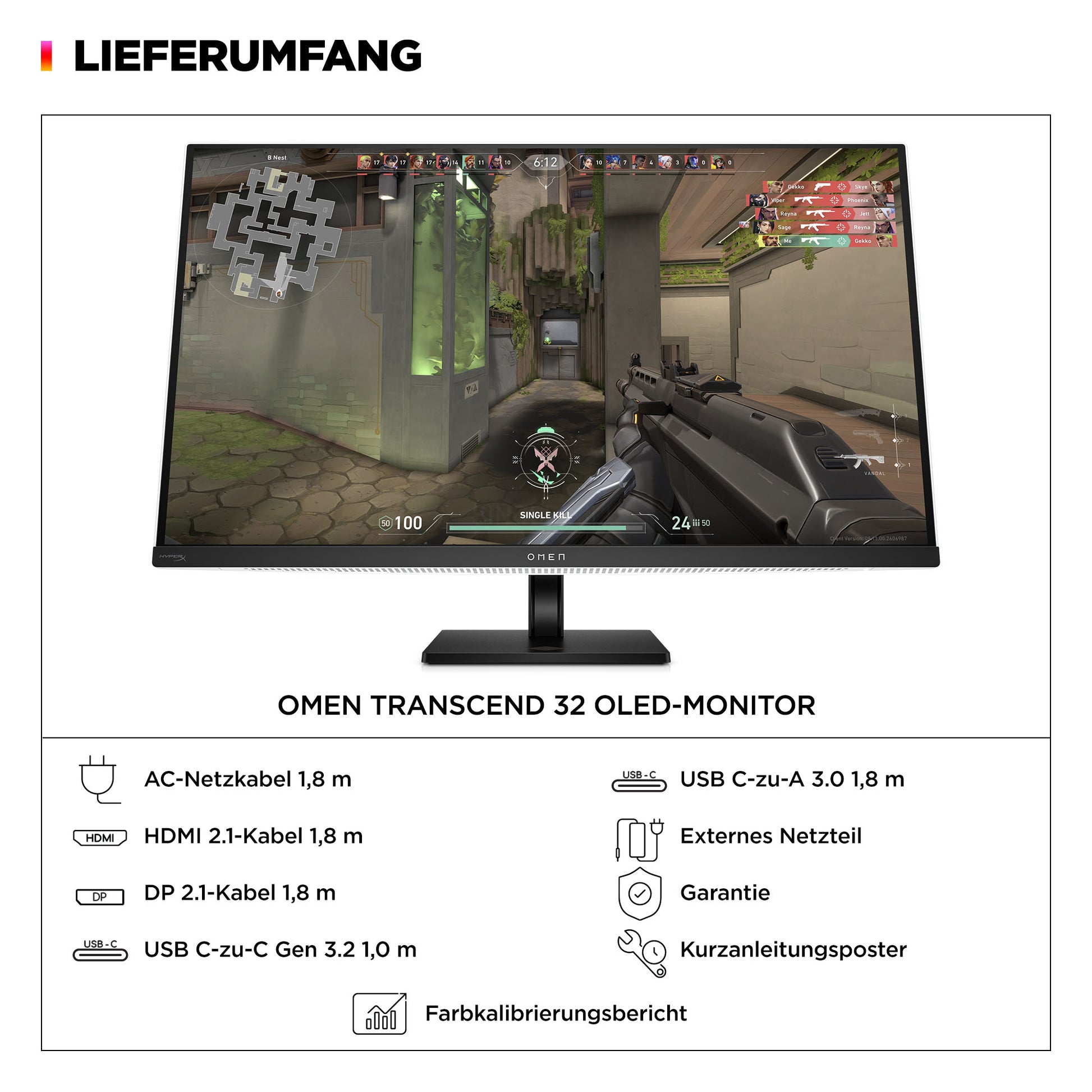 HP OMEN Transcend 32 – Monitor, 31,5", OLED, 240 Hz, 250 cd/m², KVM, USB-C, VESA 100 × 100, Weiss