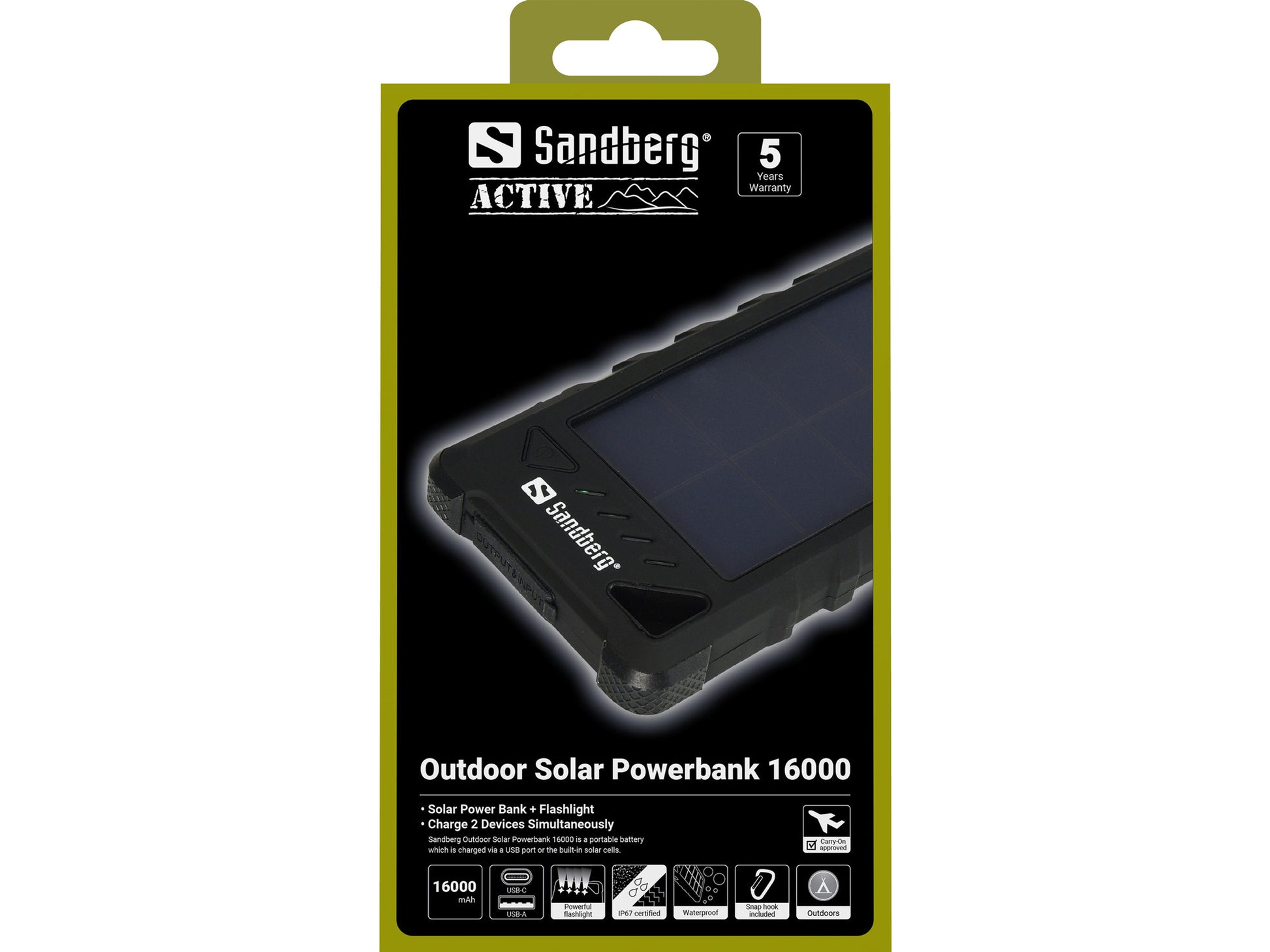 Sandberg Powerbank 16000 mAh, Solar, für Smartphones, Schwarz