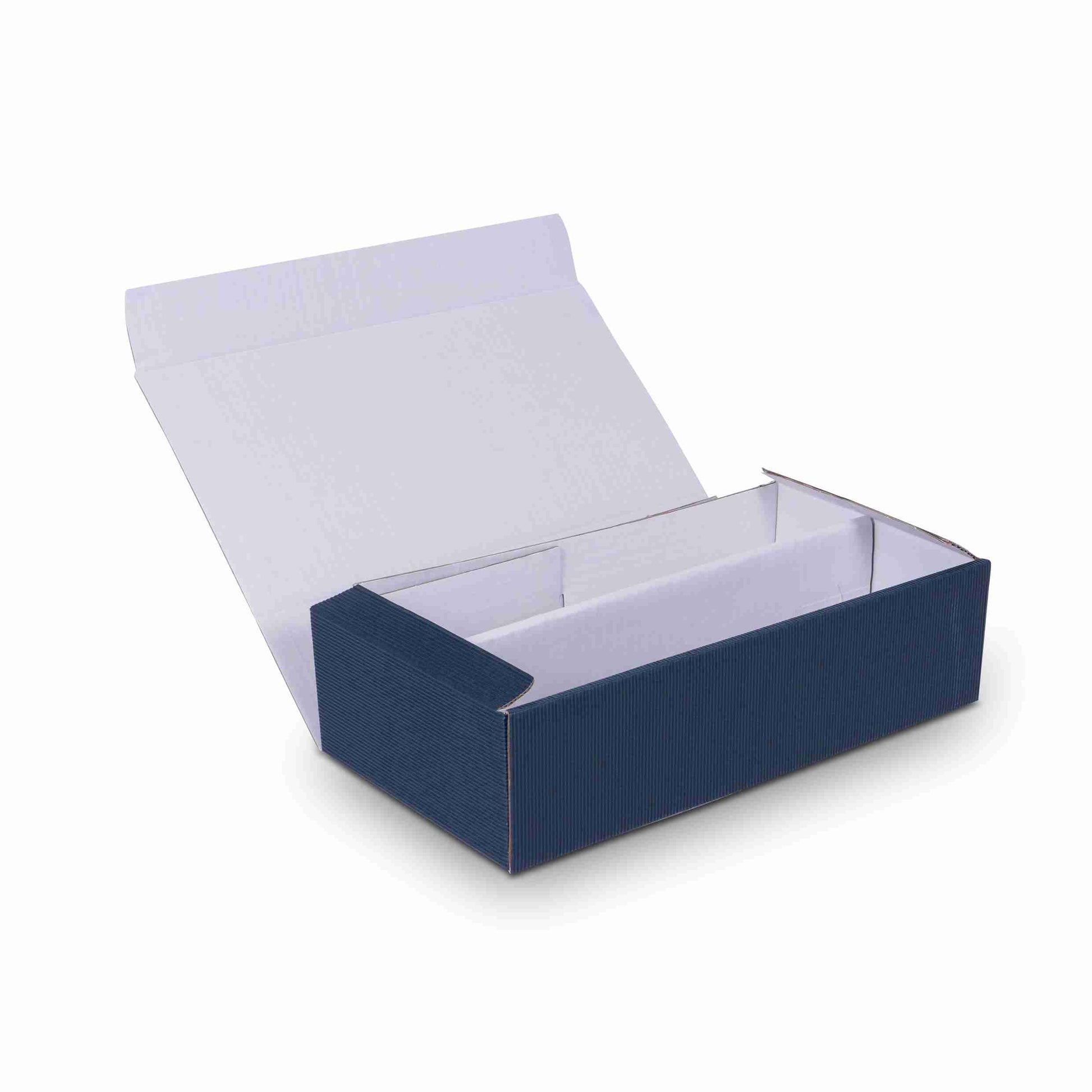 Model Weinpräsentkarton Offene Welle dunkelblau – Innenmass 180 × 360 × 90 mm – für 2 Flaschen (Flaschenhöhe m – 1 Stk., ab 100 Stk.