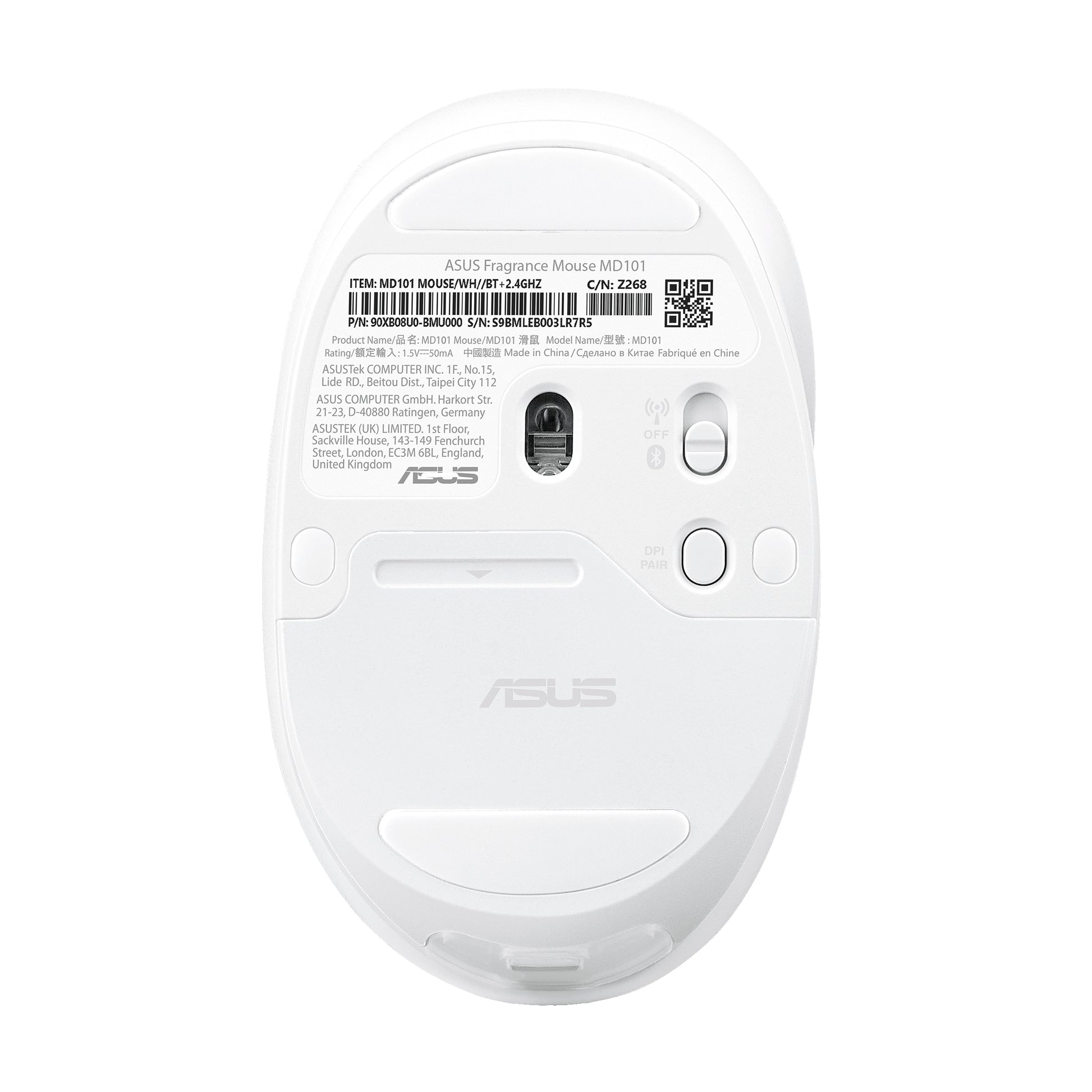 ASUS Fragrance MD101 – Maus – Kabellos (Bluetooth/2,4 GHz), 2400 DPI, beidhändig, Weiss
