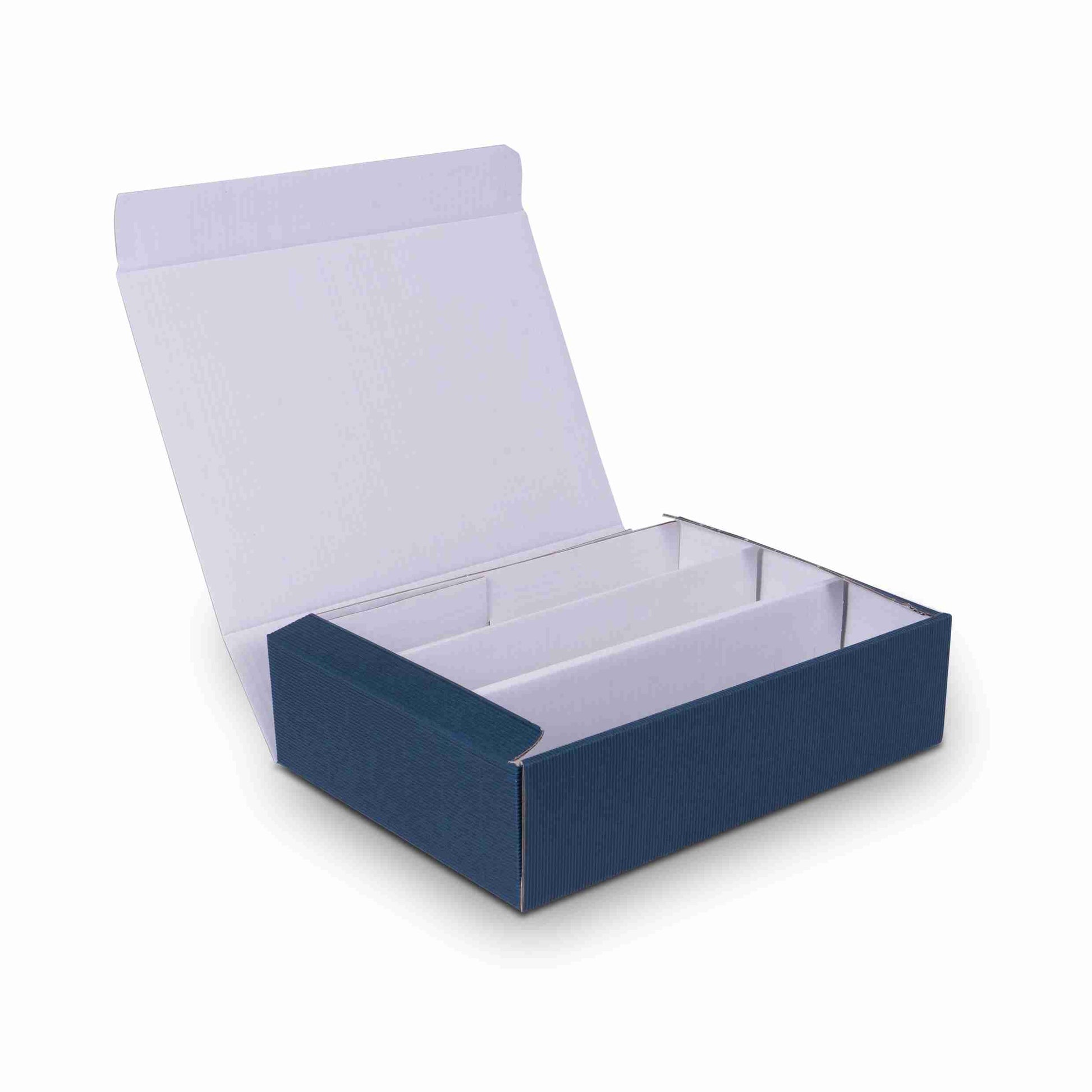 Model Weinpräsentkarton offene Welle, Wellpappe, dunkelblau – Innenmass 360 × 90 × 250 mm – für 3 Flaschen – 1 Stk., ab 100 Stk.