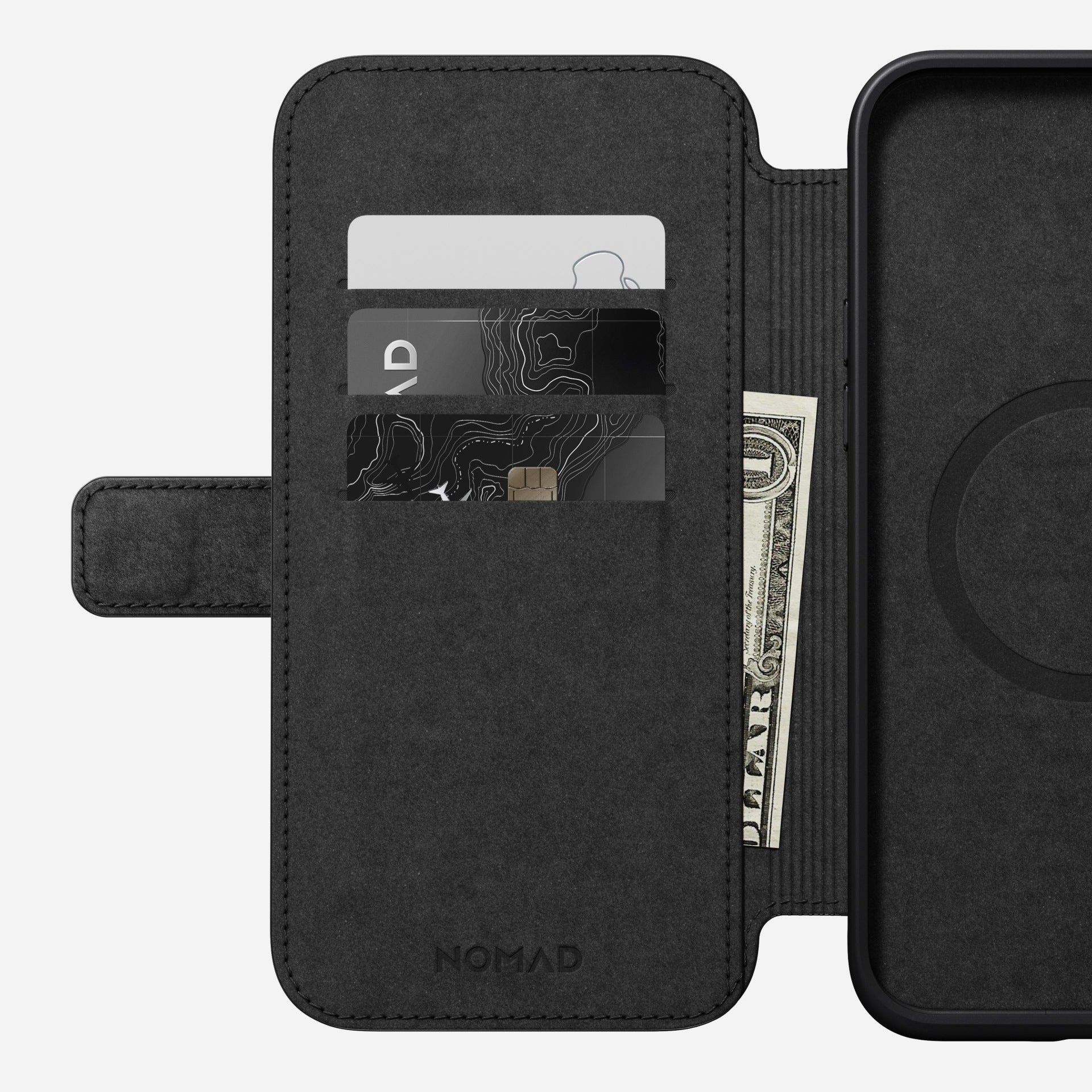 Nomad Moderne Wallethülle – für Apple iPhone 15 Plus, 3 Kartenfächer, Leder, Schwarz, bis 2,4 m sturzsicher