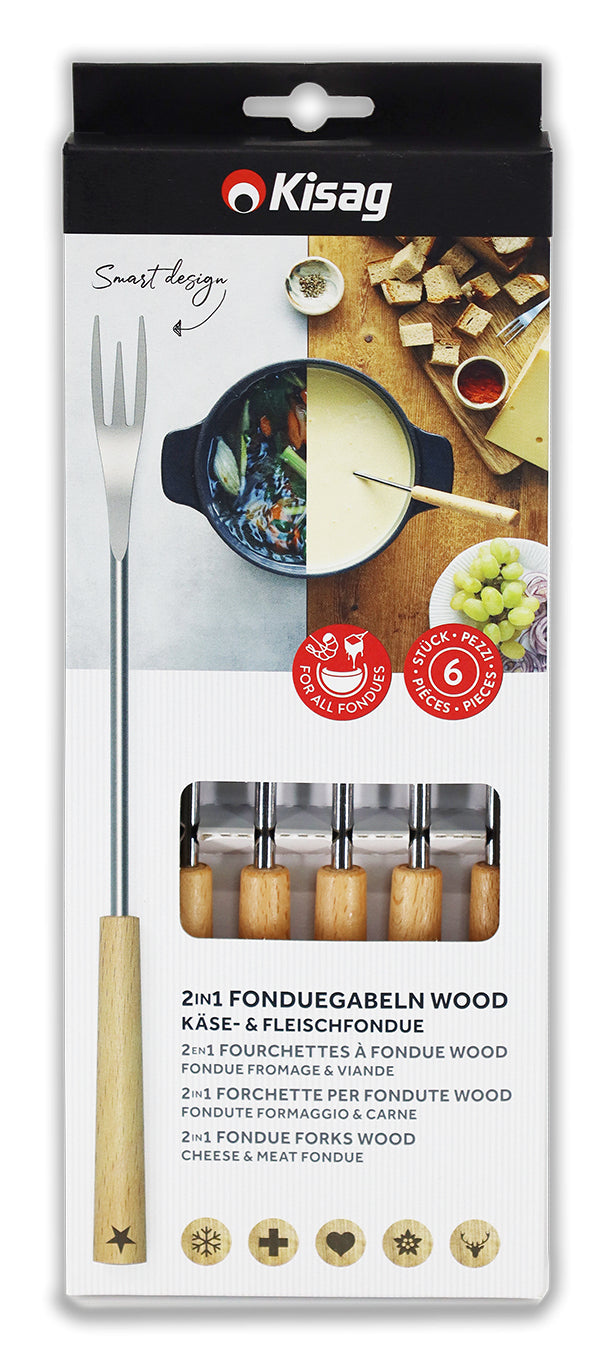 Kisag 25002-00 Fonduegabeln – 6er-Set, 26,5 cm, Edelstahl, Holzgriff, Braun, für Käsefondue