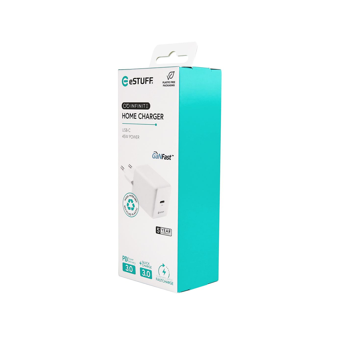 eSTUFF INFINITE GRS USB-Ladegerät 45 W – USB-C×1 – PD, GaN, EU-Stecker (Typ C) – Weiss