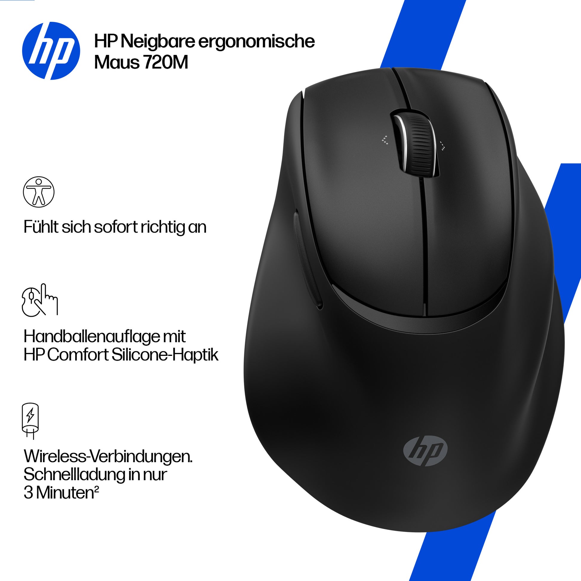 HP Tilt Ergonomische Maus 720M EURO – Maus – Kabellos (Bluetooth/2,4 GHz), 6000 DPI, Rechts, Schwarz