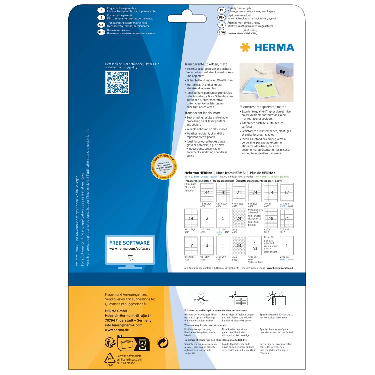 HERMA Drucketiketten, 210 mm × 297 mm, transparent, Folie, permanent, 25 Blatt