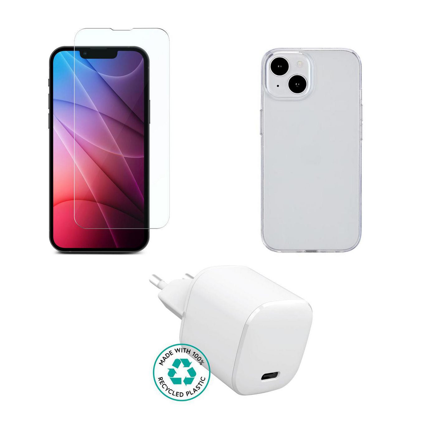 eSTUFF 3-in-1 Starter-Set (Glas, Hülle, Ladegerät) – für iPhone 14 – Transparent/Weiss