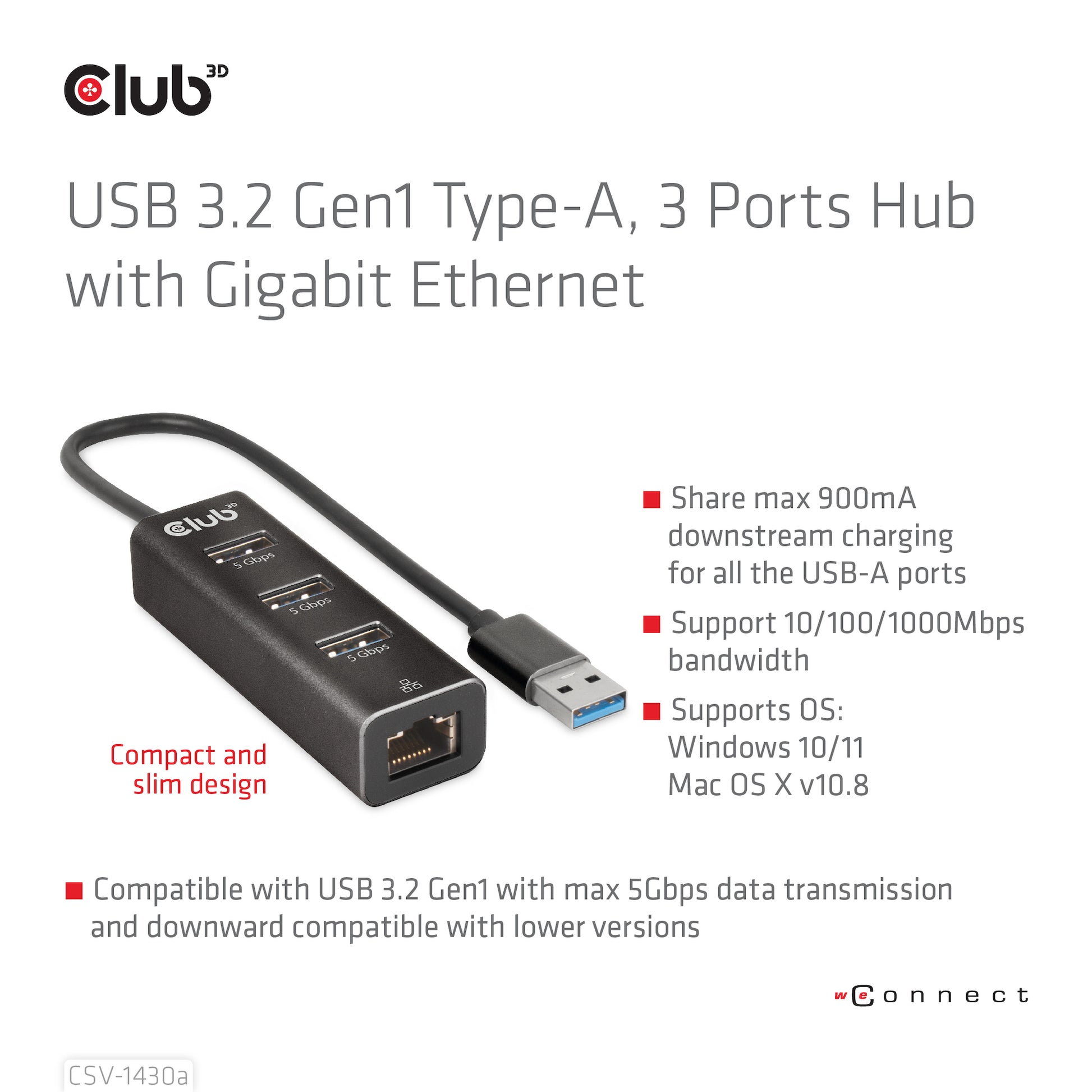 CLUB3D Club 3D CSV-1430a USB-Hub – USB 3.2 Gen 1, 3× USB-A, GbE