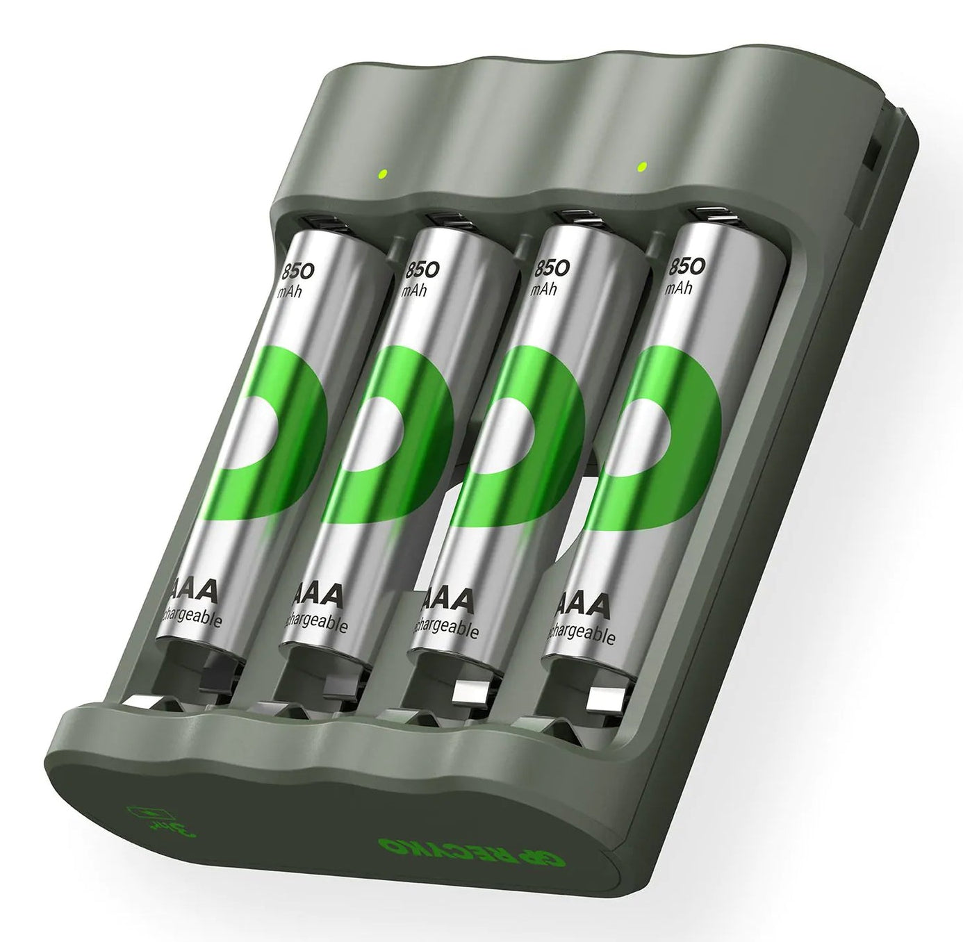 GP Batteries B421 Batterieladegerät 4× – für AA, AAA – inkl. 4× AAA 850 mAh, USB, NiMH, -dV Vollladungserkennung
