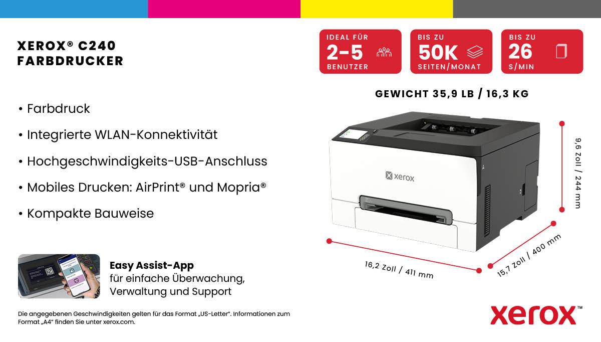 Xerox C240 – Farbe, A4, Duplex, WLAN, LAN, USB, 26 Seiten pro Minute, AirPrint, Mopria