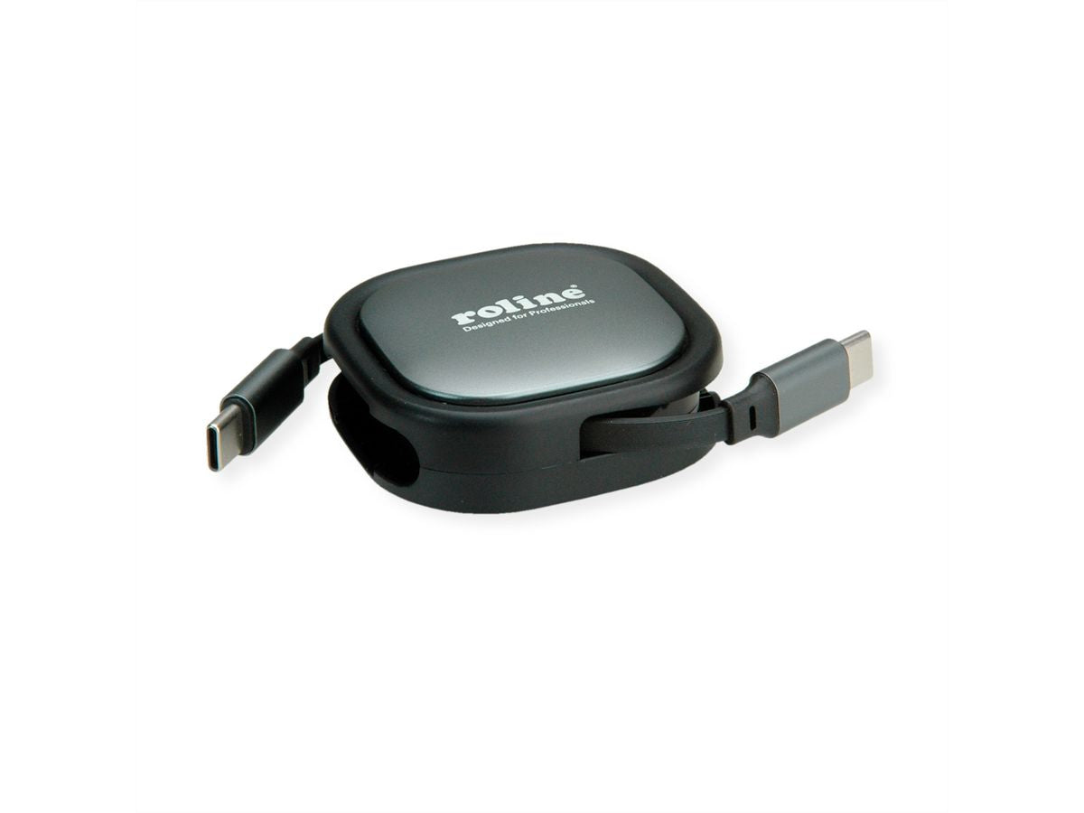 ROLINE USB-C auf USB-C Kabel – USB 2.0 (480 Mbit/s) – 1,2 m – PD 60 W – Aufrollbar, Geschirmt – Schwarz/Grau