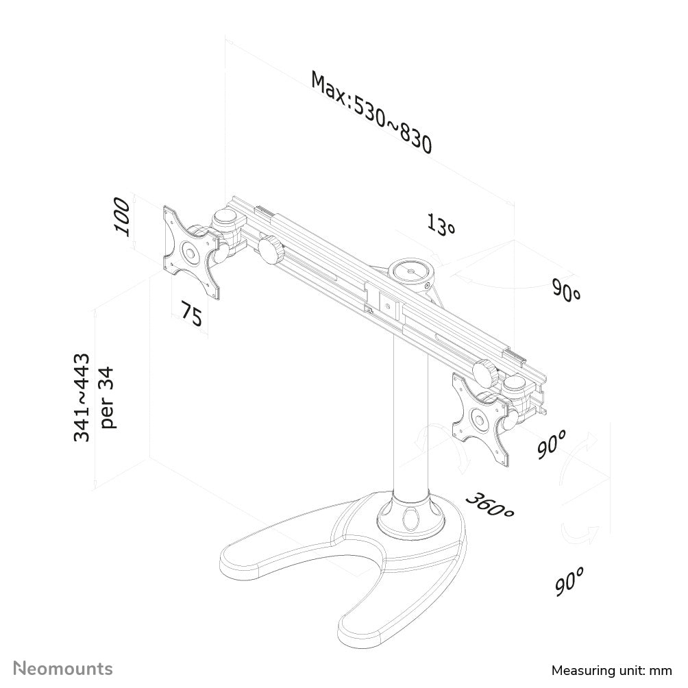 Neomounts FPMA D700DD – Tischhalterung, Dual, Tischdurchführung, bis 27", VESA 75 × 75 mm, 24 kg