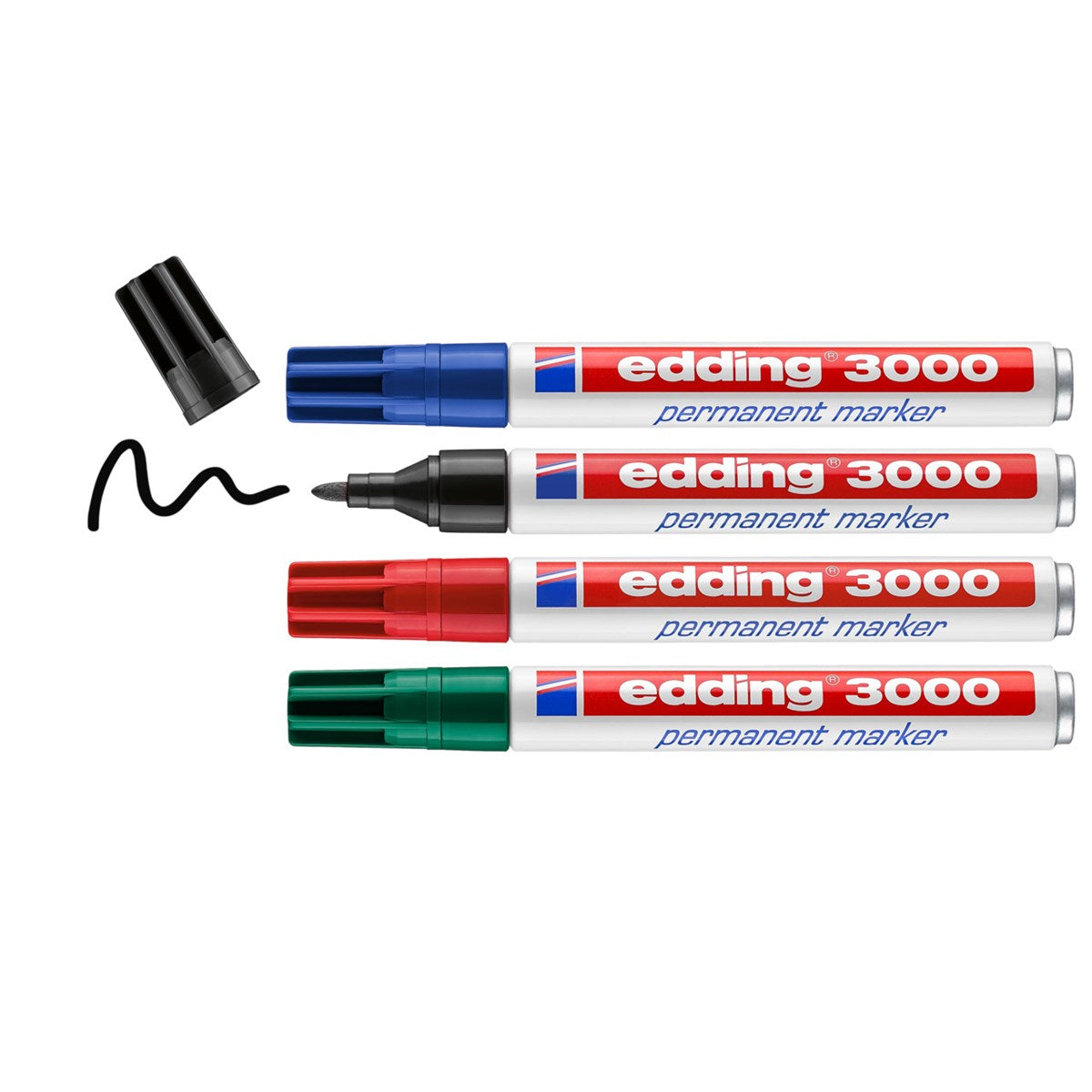 Edding 3000 Permanentmarker – Rundspitze 1,5–3 mm – Mehrfarbig – 4er-Set – für Glas, Metall und Kunststoff