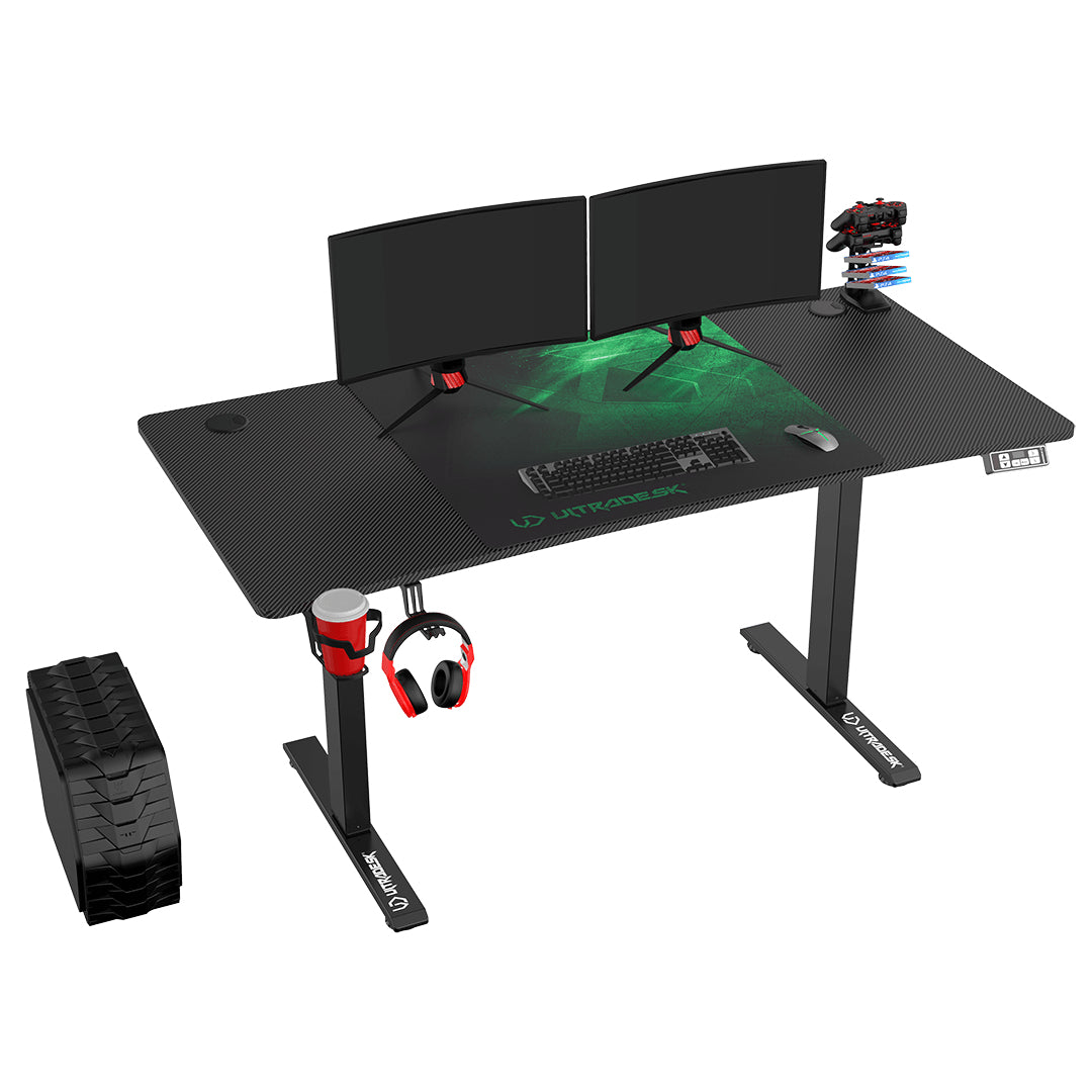 Ultradesk Level V2 Gaming-Tisch – 140 × 68 cm, höhenverstellbar, schwarz/grün, Stahl