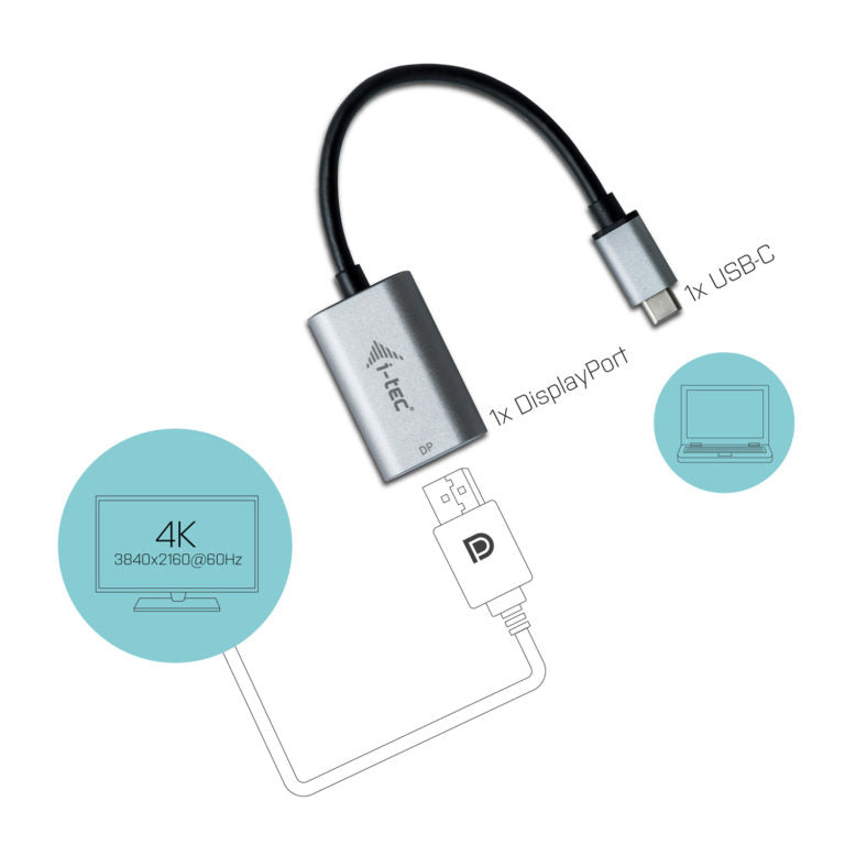 i-tec USB-C (Stecker) auf DisplayPort (Buchse) Adapter, 4K@60 Hz, Metallgehäuse, für Thunderbolt 3