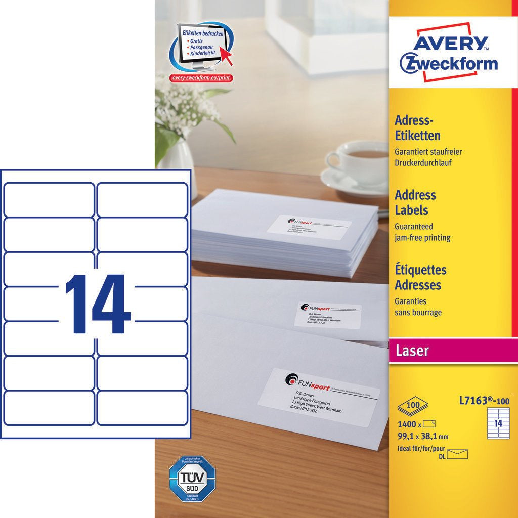 Avery Adressetiketten, 99,1 mm × 38,1 mm, weiss, Papier, permanent, 100 Blätter (1'400 Etiketten)