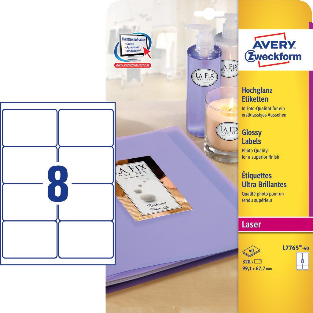Avery Zweckform Schmucketiketten – Papier, hochglänzend, 320 Stk, 40 Bogen, 99,1×67,7 mm, abgerundete Ecken
