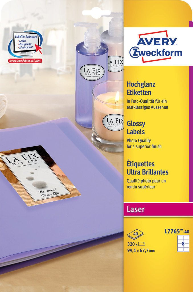 Avery Zweckform Schmucketiketten – Papier, hochglänzend, 320 Stk, 40 Bogen, 99,1×67,7 mm, abgerundete Ecken