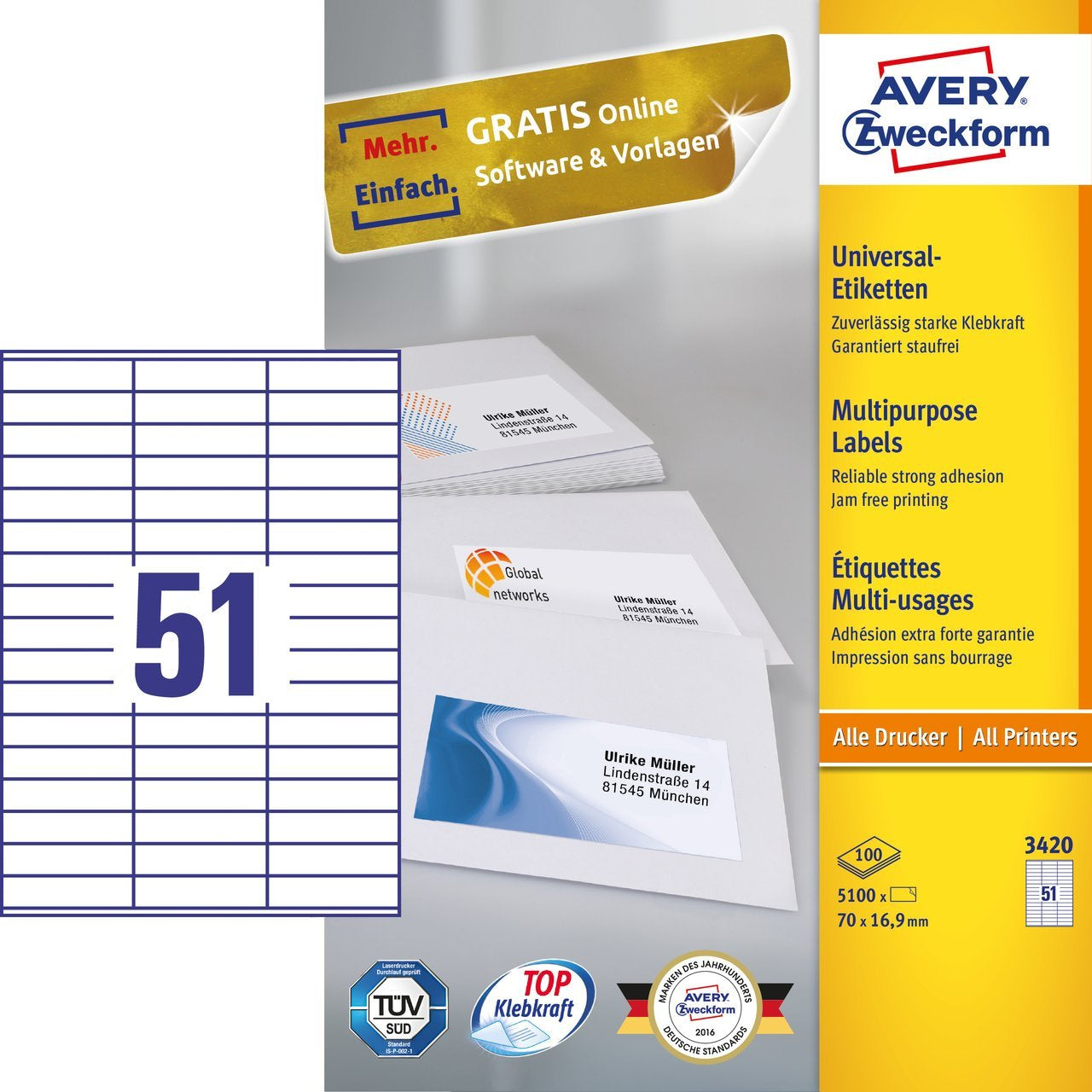 Avery Zweckform – Haftetiketten 3420, 70 mm × 17 mm, weiss, Papier, permanent, 5100 Stk.