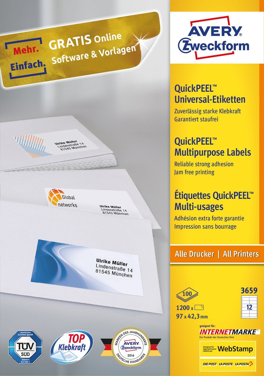 AVERY Zweckform Haftetiketten – rechteckig 97 × 42,3 mm, permanent, weiss, A4, 100 Blatt (1'200 Stk.)