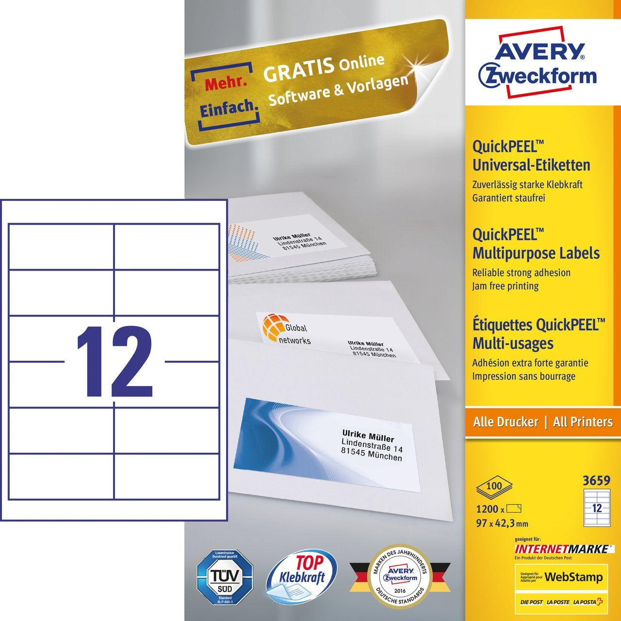 AVERY Zweckform Haftetiketten – rechteckig 97 × 42,3 mm, permanent, weiss, A4, 100 Blatt (1'200 Stk.)
