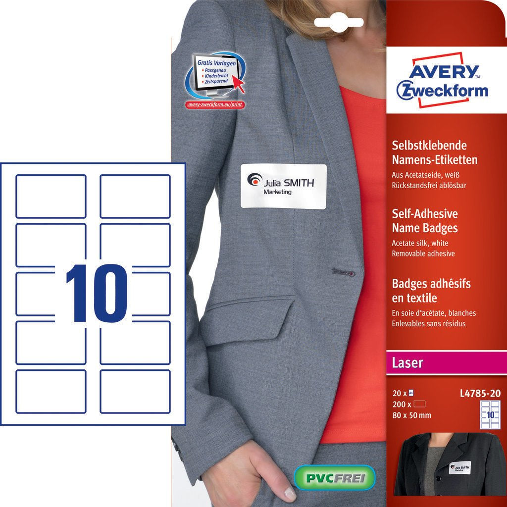Avery Textiletiketten, 80 mm × 50 mm, weiss, Textil, selbstklebend, 20 Blatt (200 Etiketten)
