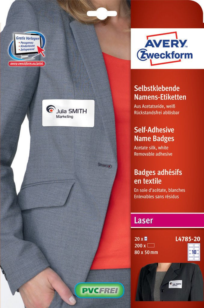 Avery Textiletiketten, 80 mm × 50 mm, weiss, Textil, selbstklebend, 20 Blatt (200 Etiketten)