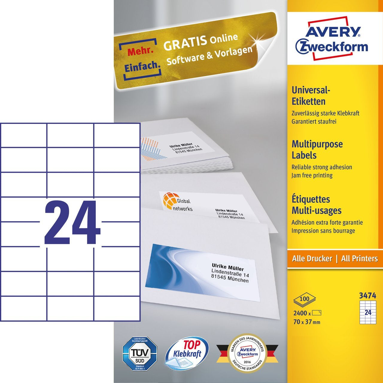 Avery Zweckform – Haftetiketten, 70 mm × 37 mm, weiss, Papier, permanent, 2400 Stk. (100 Blatt)