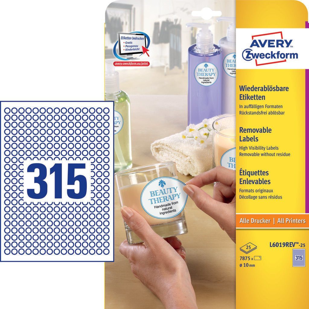 Avery Zweckform – Markierungspunkte Ø 10 mm – Weiss – Wiederablösbar – 315 pro Blatt, 25 Blätter (7'875 Stk.)