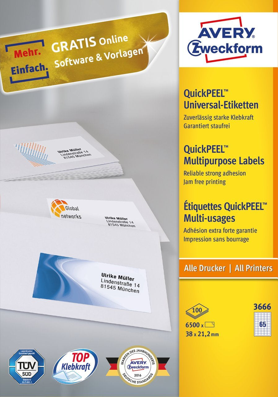 Avery Zweckform – Haftetiketten, 38 mm × 21 mm, weiss, Papier, permanent, 6500 Stk. (100 Blatt)