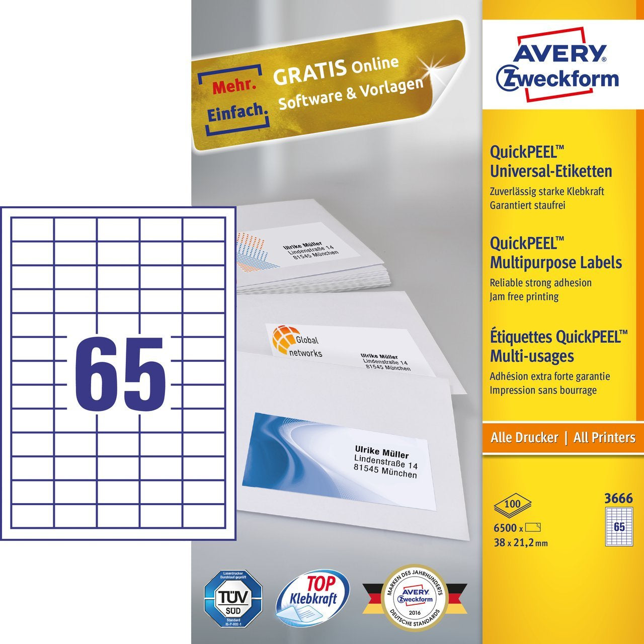 Avery Zweckform – Haftetiketten, 38 mm × 21 mm, weiss, Papier, permanent, 6500 Stk. (100 Blatt)