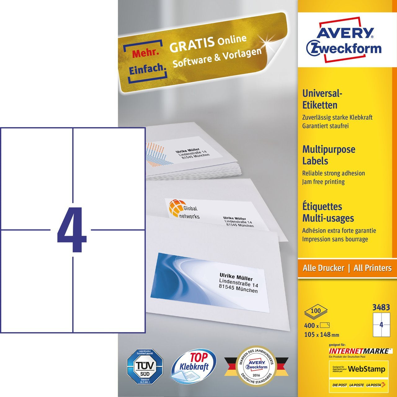 AVERY ZWECKFORM Schuletiketten – 105 × 148 mm, 400 Stk, 100 Bogen, Papier, permanent haftend