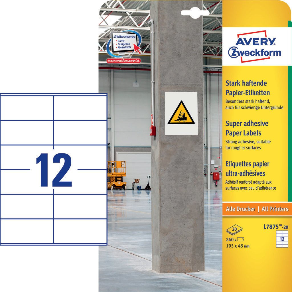 Avery L7875-20 – Etiketten A4 105 × 48 mm – Papier – permanent haftend – Laser/Inkjet – 12 pro Blatt, 20 Blätter